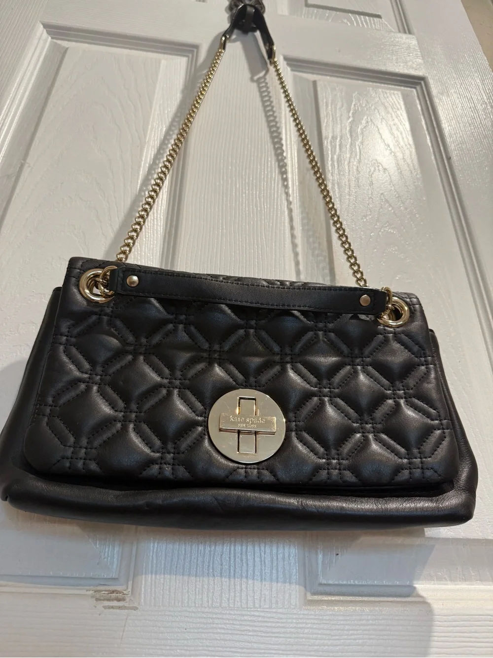 kate spade Black Quilted Leather Shoulder Bag with adjustable Gold Chain